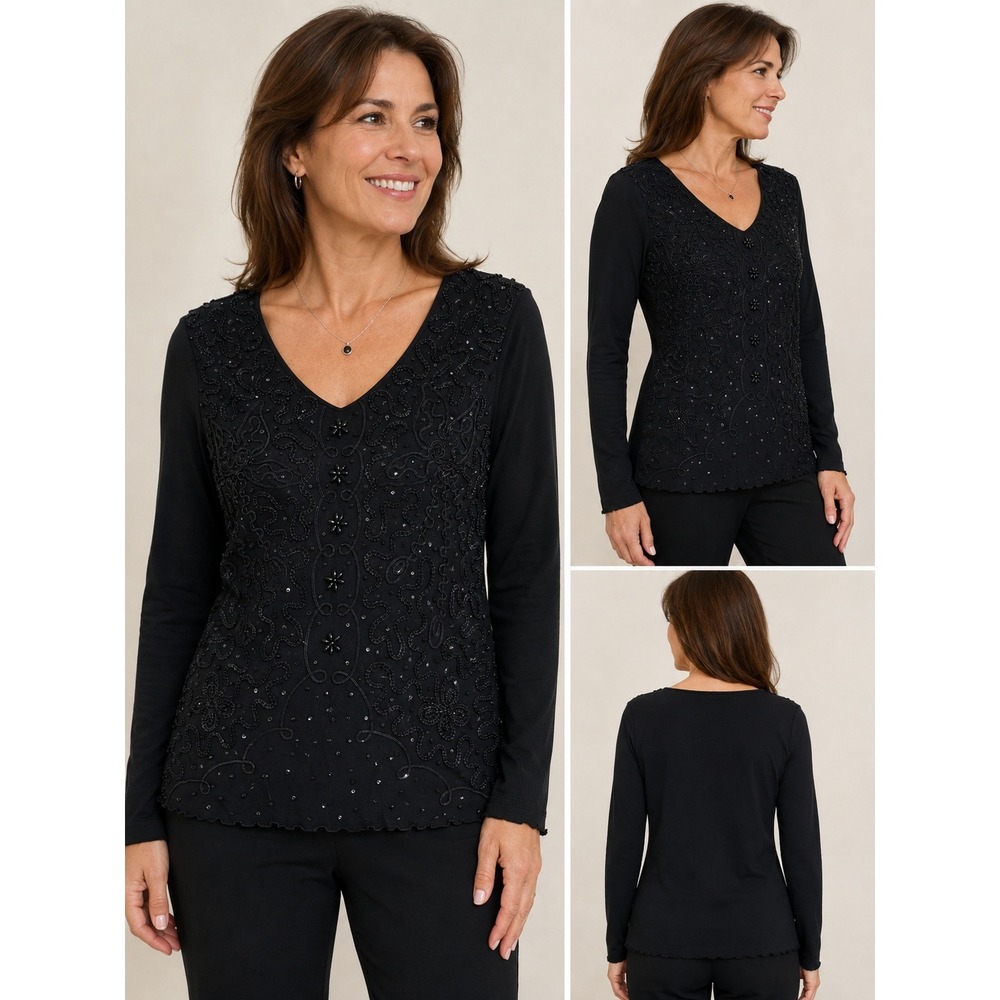 Valenti Womens Black Soutache Sequin Beaded V-Neck Top Long Sleeve Size M